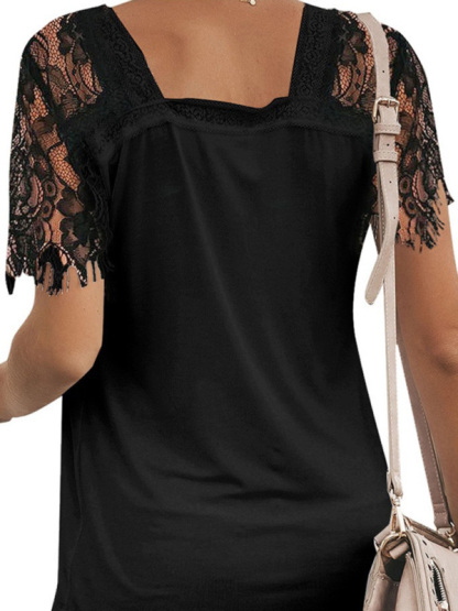 Short Sleeve V Neck Feather Lace Sleeve Blouse-chiquechics