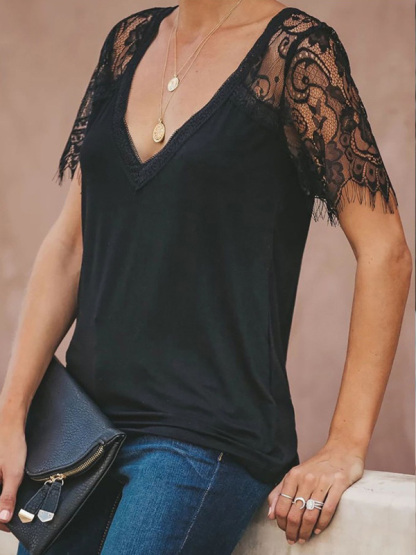 Short Sleeve V Neck Feather Lace Sleeve Blouse-chiquechics