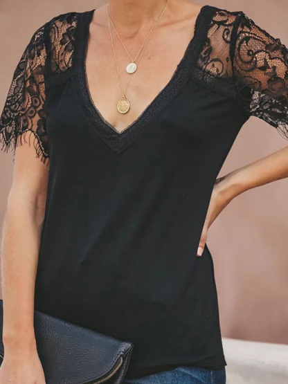 Short Sleeve V Neck Feather Lace Sleeve Blouse-chiquechics