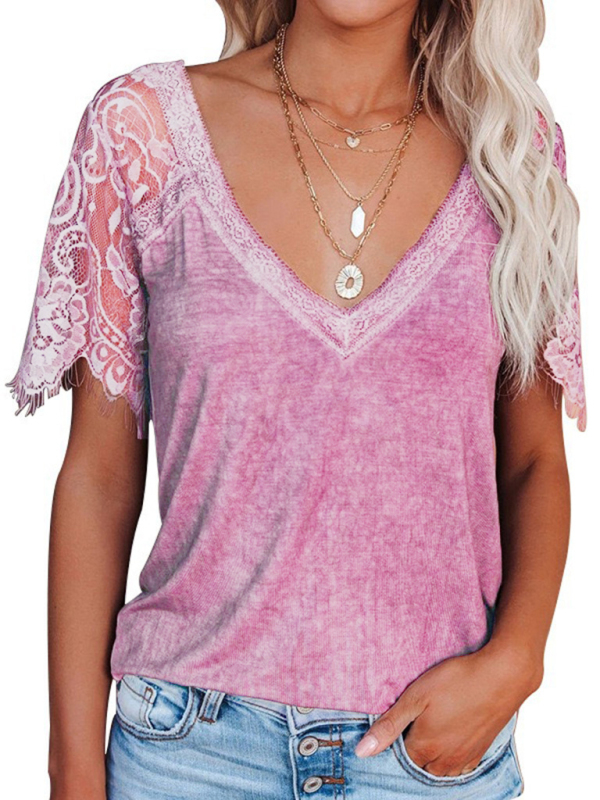 Short Sleeve V Neck Feather Lace Sleeve Blouse-chiquechics