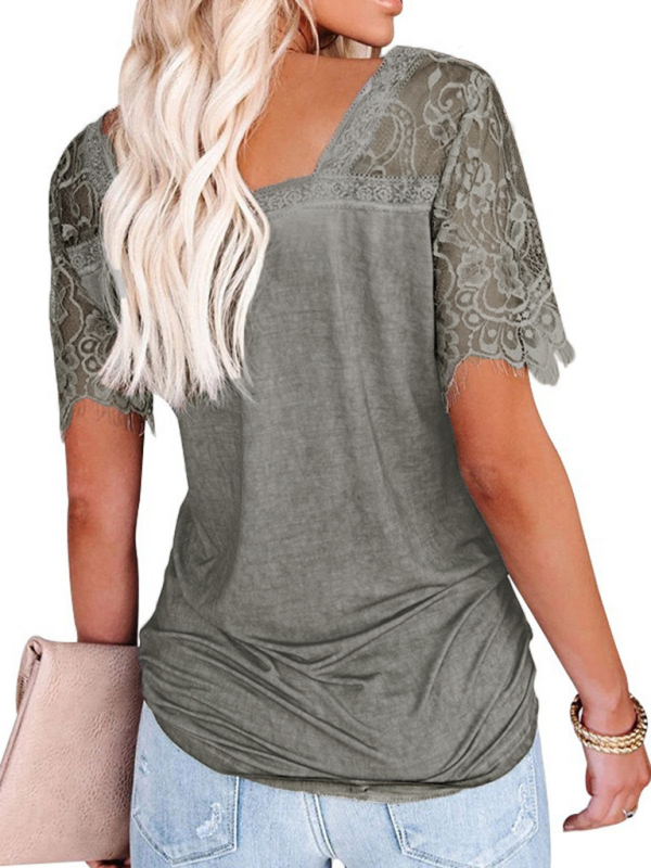 Short Sleeve V Neck Feather Lace Sleeve Blouse-chiquechics