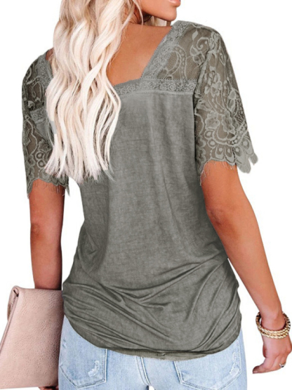 Short Sleeve V Neck Feather Lace Sleeve Blouse-chiquechics
