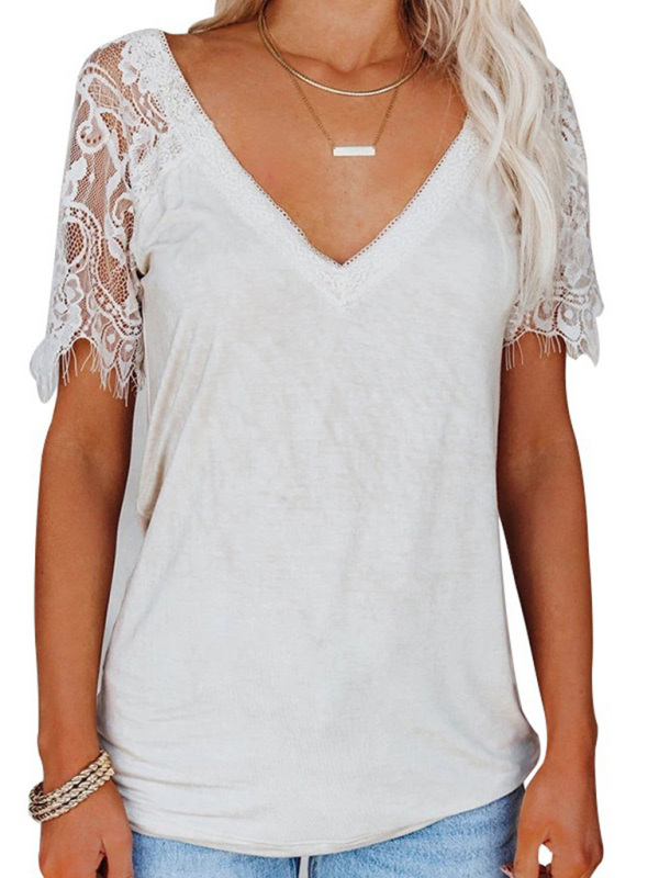 Short Sleeve V Neck Feather Lace Sleeve Blouse-chiquechics