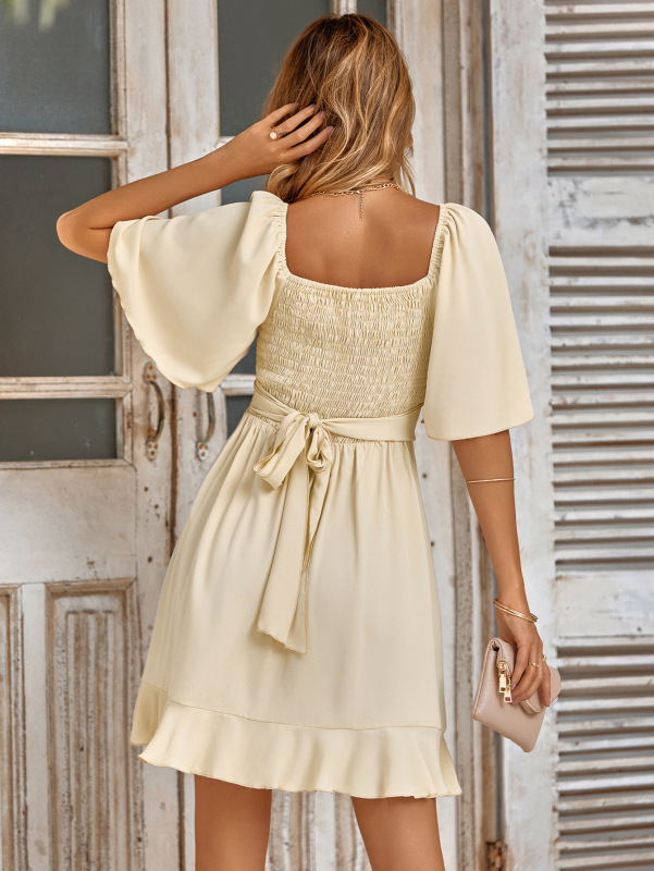 V-neck solid color waist ruffled summer dress women-chiquechics