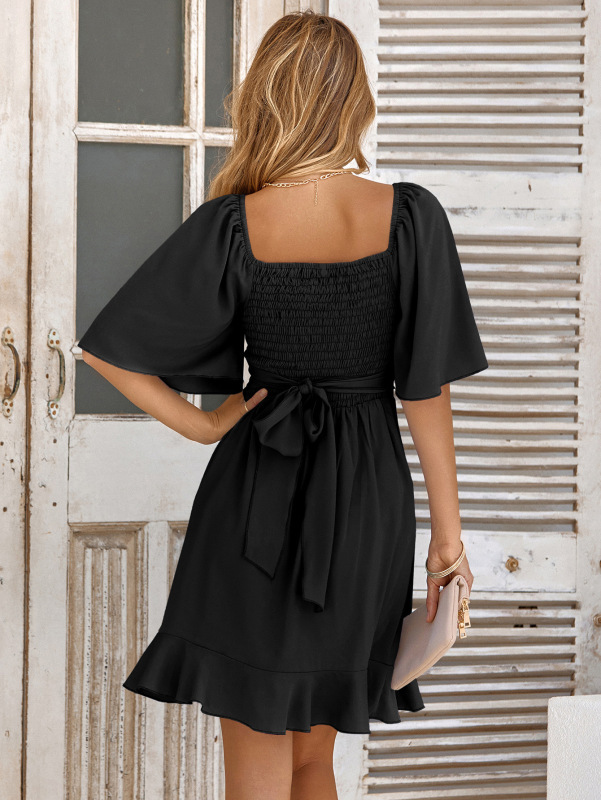 V-neck solid color waist ruffled summer dress women-chiquechics