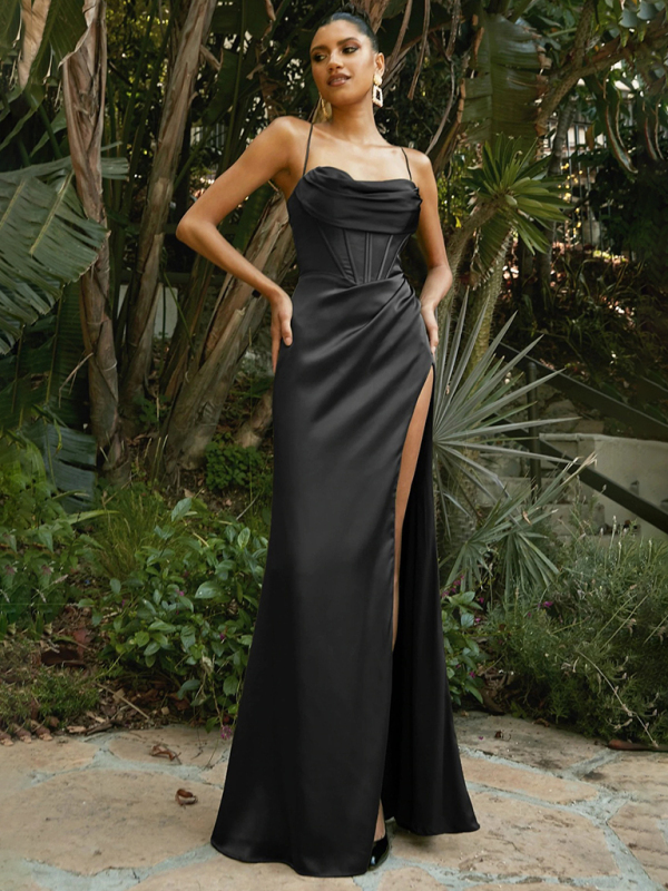 Sexy Sleeveless Strap Chest Pleated Gown Dress-chiquechics