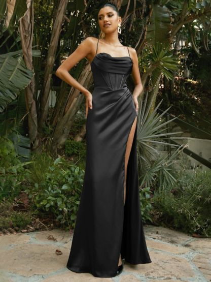 Sexy Sleeveless Strap Chest Pleated Gown Dress-chiquechics