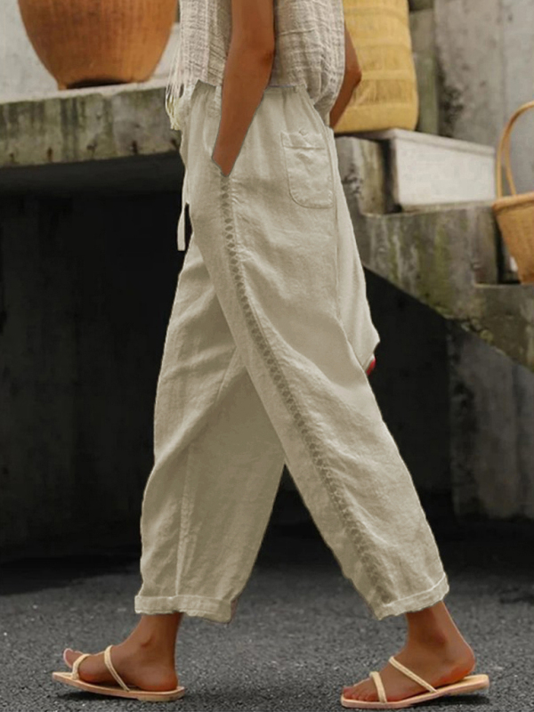 Women's Solid Color Cotton Linen Casual Pants Stitching Sweet Cropped Pants-chiquechics