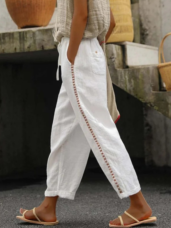 Women's Solid Color Cotton Linen Casual Pants Stitching Sweet Cropped Pants-chiquechics