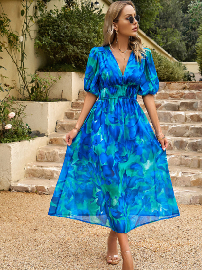 Elegant waist V-neck holiday bohemian print dress-chiquechics