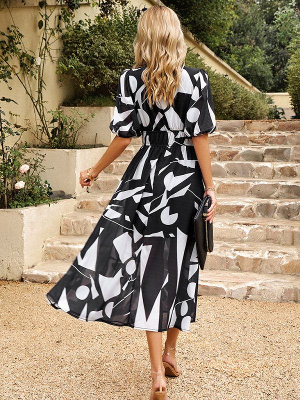 Elegant waist V-neck holiday bohemian print dress-chiquechics