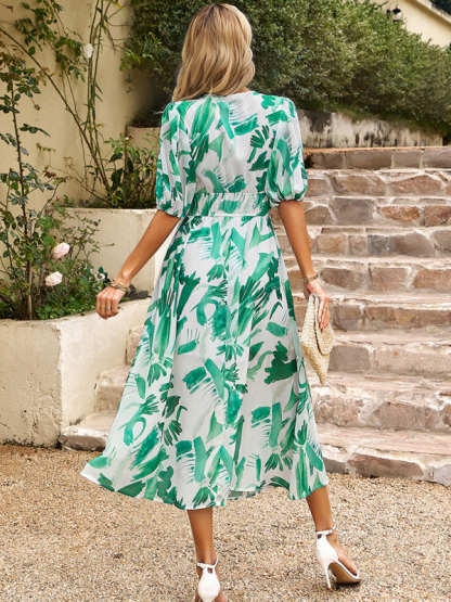 Elegant waist V-neck holiday bohemian print dress-chiquechics