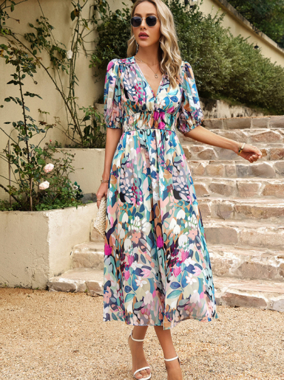 Elegant waist V-neck holiday bohemian print dress-chiquechics