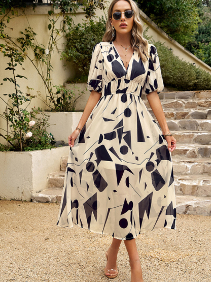 Elegant waist V-neck holiday bohemian print dress-chiquechics