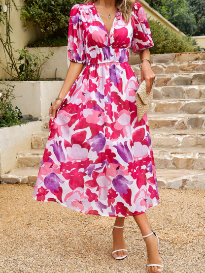 Elegant waist V-neck holiday bohemian print dress-chiquechics