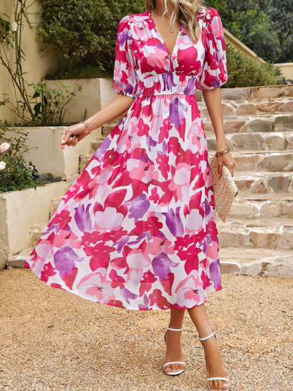 Elegant waist V-neck holiday bohemian print dress-chiquechics