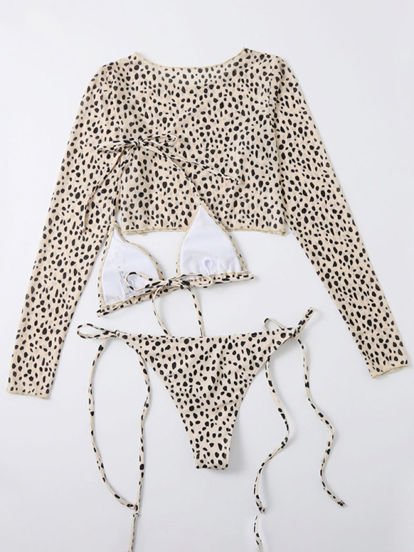 SwimwearNew swimwear long-sleeved mesh jacket ladies three-piece swimsuit leopard print sexy bikini-chiquechics