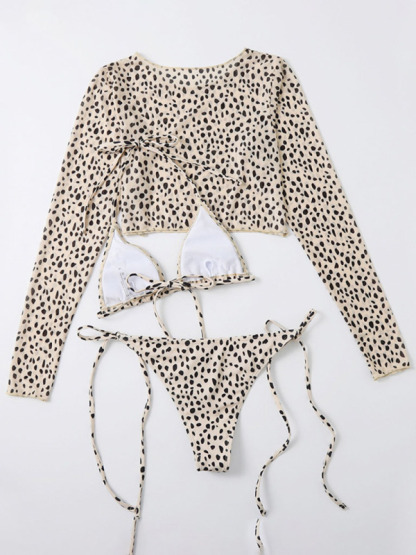 SwimwearNew swimwear long-sleeved mesh jacket ladies three-piece swimsuit leopard print sexy bikini-chiquechics
