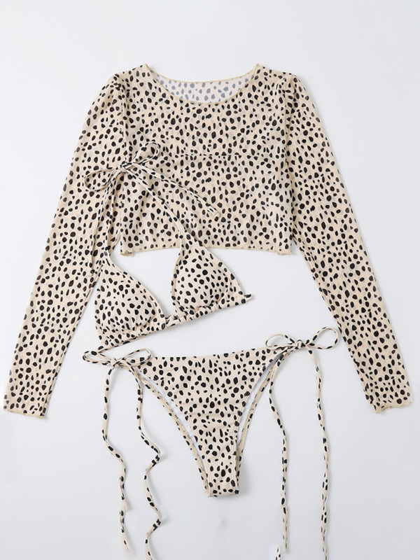 SwimwearNew swimwear long-sleeved mesh jacket ladies three-piece swimsuit leopard print sexy bikini-chiquechics