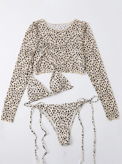 SwimwearNew swimwear long-sleeved mesh jacket ladies three-piece swimsuit leopard print sexy bikini-chiquechics