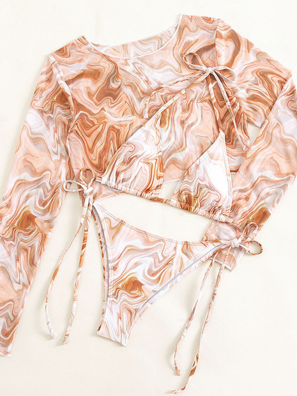 SwimwearNew swimwear long-sleeved mesh jacket ladies three-piece swimsuit leopard print sexy bikini-chiquechics