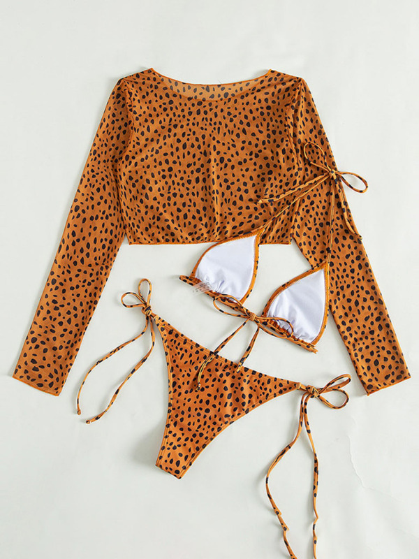 SwimwearNew swimwear long-sleeved mesh jacket ladies three-piece swimsuit leopard print sexy bikini-chiquechics