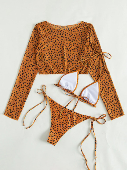 SwimwearNew swimwear long-sleeved mesh jacket ladies three-piece swimsuit leopard print sexy bikini-chiquechics