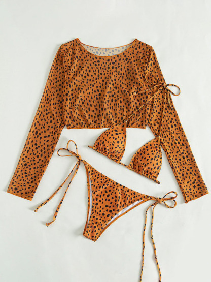 SwimwearNew swimwear long-sleeved mesh jacket ladies three-piece swimsuit leopard print sexy bikini-chiquechics