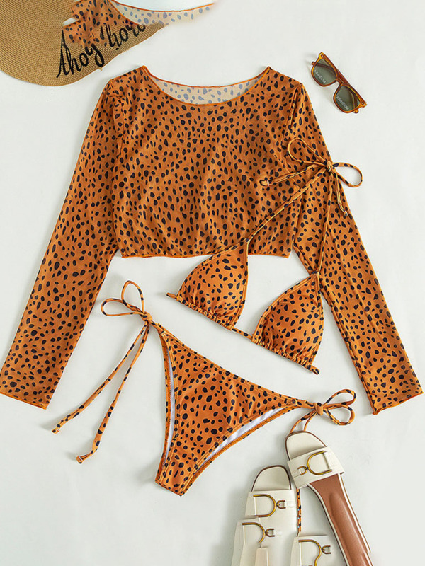 SwimwearNew swimwear long-sleeved mesh jacket ladies three-piece swimsuit leopard print sexy bikini-chiquechics