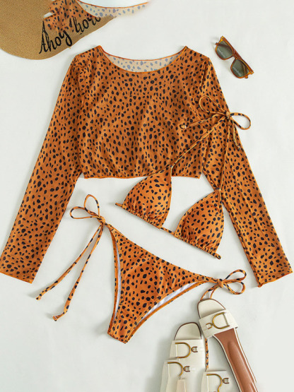 SwimwearNew swimwear long-sleeved mesh jacket ladies three-piece swimsuit leopard print sexy bikini-chiquechics