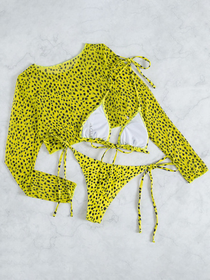 SwimwearNew swimwear long-sleeved mesh jacket ladies three-piece swimsuit leopard print sexy bikini-chiquechics