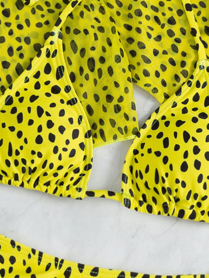 SwimwearNew swimwear long-sleeved mesh jacket ladies three-piece swimsuit leopard print sexy bikini-chiquechics