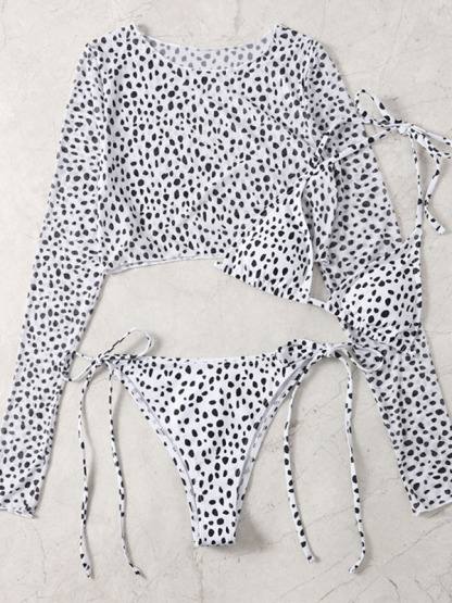 SwimwearNew swimwear long-sleeved mesh jacket ladies three-piece swimsuit leopard print sexy bikini-chiquechics