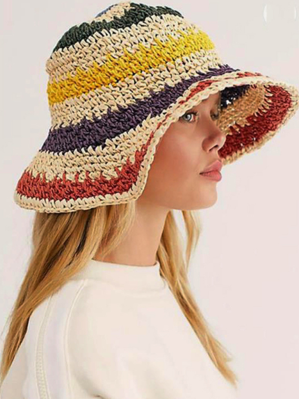 Braided straw hat rainbow fisherman hat big brim sun hat outdoor beach sun sun hat-chiquechics