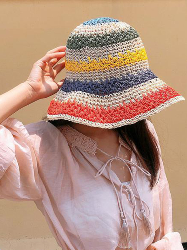Braided straw hat rainbow fisherman hat big brim sun hat outdoor beach sun sun hat-chiquechics