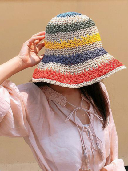 Braided straw hat rainbow fisherman hat big brim sun hat outdoor beach sun sun hat-chiquechics