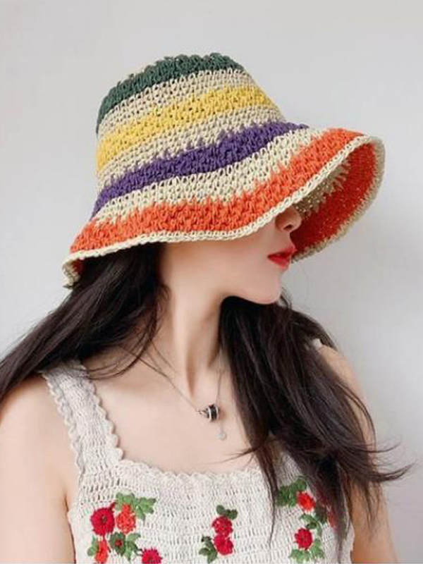 Braided straw hat rainbow fisherman hat big brim sun hat outdoor beach sun sun hat-chiquechics
