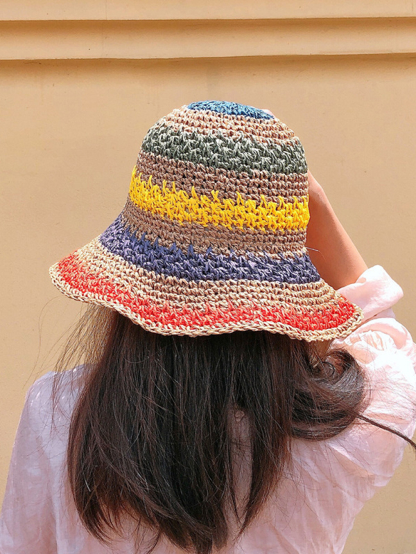 Braided straw hat rainbow fisherman hat big brim sun hat outdoor beach sun sun hat-chiquechics