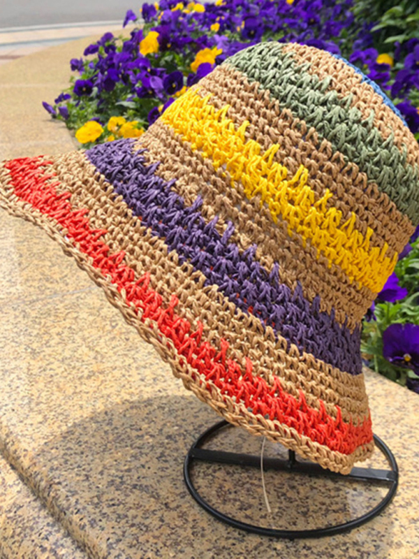 Braided straw hat rainbow fisherman hat big brim sun hat outdoor beach sun sun hat-chiquechics