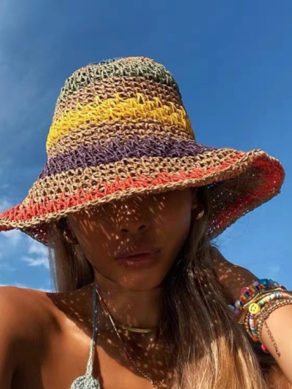 Braided straw hat rainbow fisherman hat big brim sun hat outdoor beach sun sun hat-chiquechics