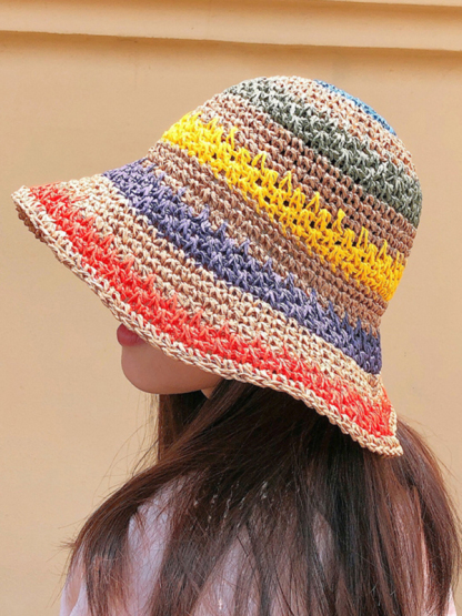 Braided straw hat rainbow fisherman hat big brim sun hat outdoor beach sun sun hat-chiquechics