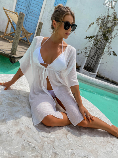 Temperament style slit perspective sexy outdoor beach skirt cardigan tie blouse-chiquechics