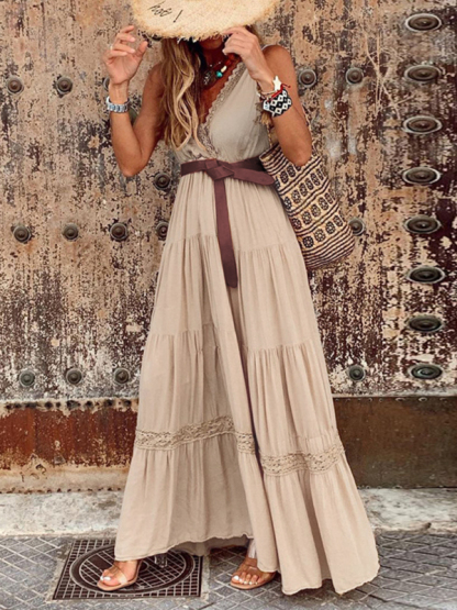 New French style high waist V-neck stitching mid-length dress maxi dress-chiquechics