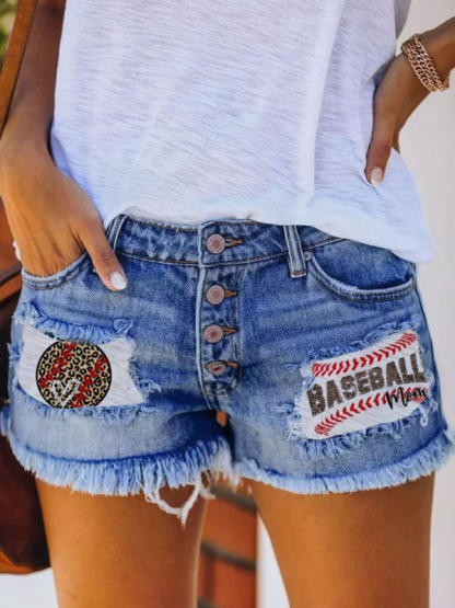 Button-breasted printed patch denim shorts with ripped fringed hot pants-chiquechics