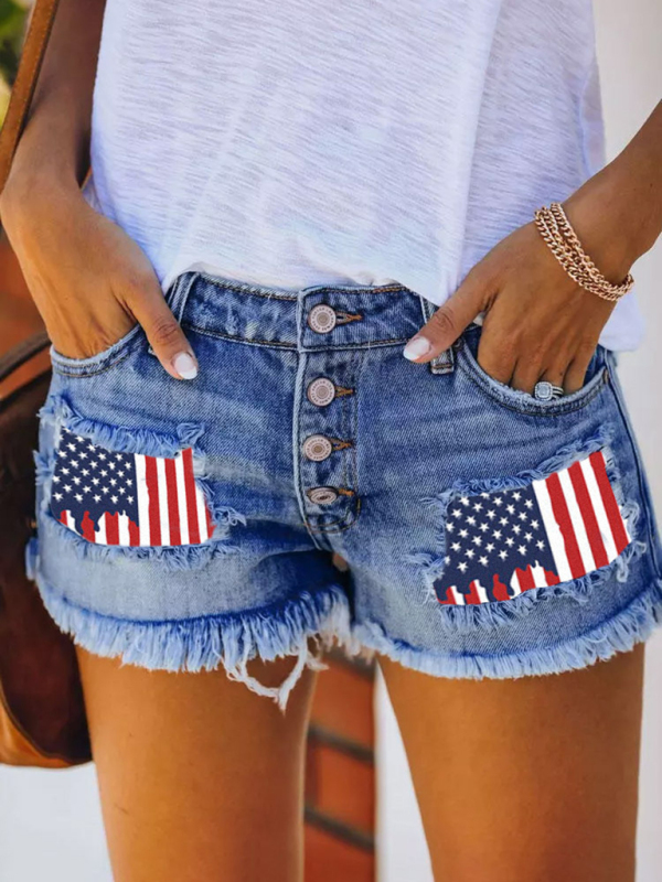 Button-breasted printed patch denim shorts with ripped fringed hot pants-chiquechics