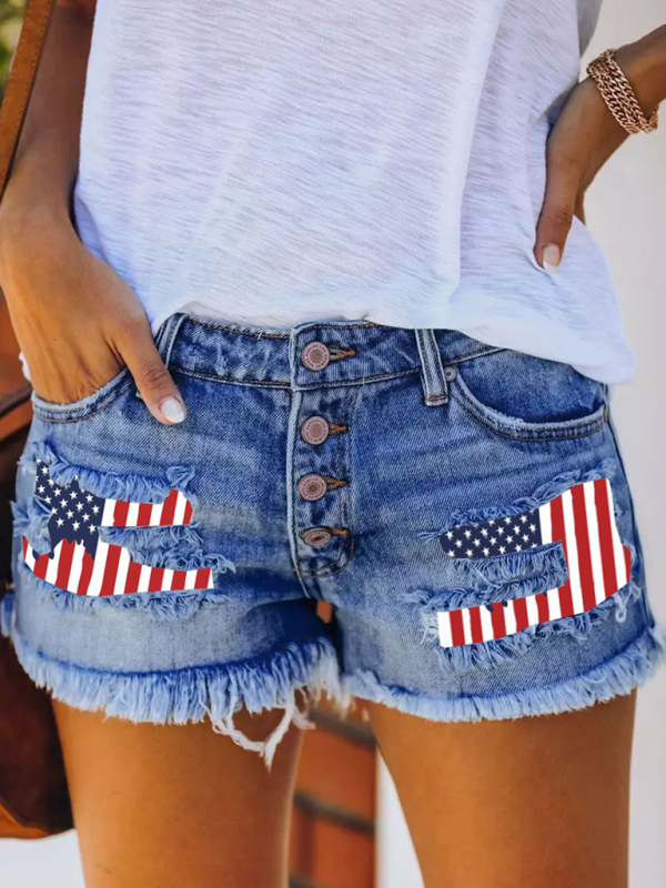 Button-breasted printed patch denim shorts with ripped fringed hot pants-chiquechics