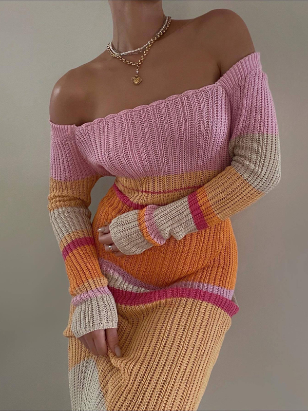 One-neck off-the-shoulder hollow beach long-sleeved knitted striped dress for women-chiquechics