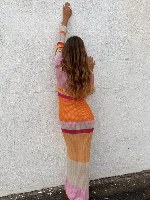 One-neck off-the-shoulder hollow beach long-sleeved knitted striped dress for women-chiquechics