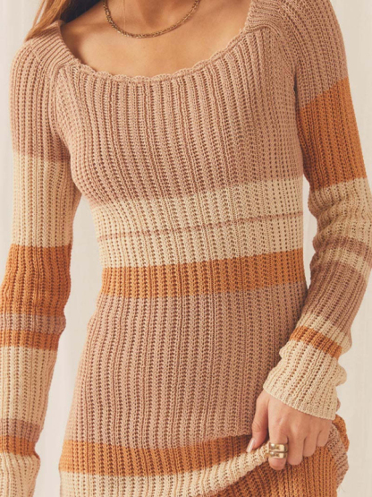 One-neck off-the-shoulder hollow beach long-sleeved knitted striped dress for women-chiquechics