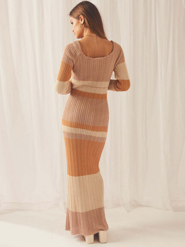 One-neck off-the-shoulder hollow beach long-sleeved knitted striped dress for women-chiquechics